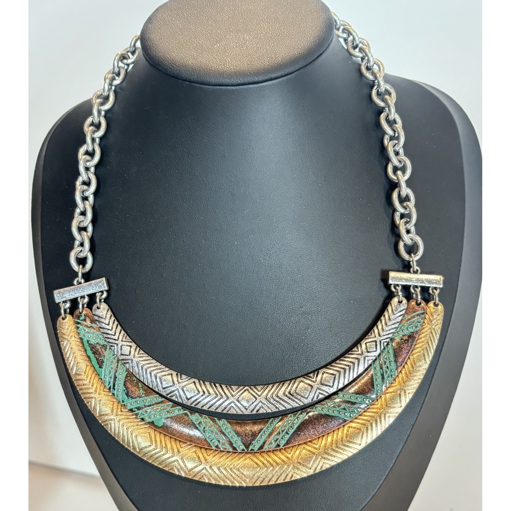 Boho Tribal Crescent Bib Necklace Mixed Metal Patina Statement Collar 19"